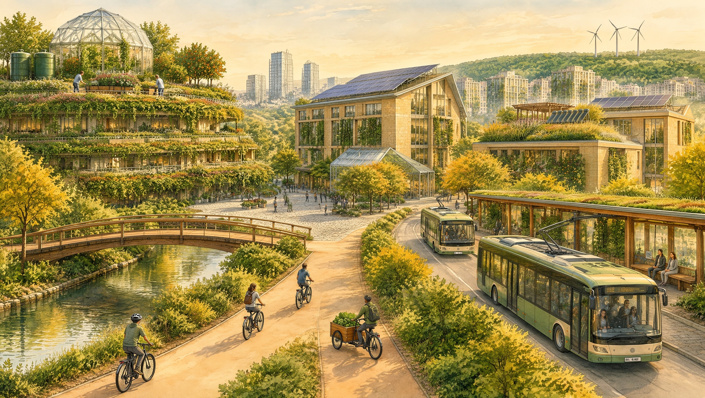 A sustainable city with rooftop gardens, solar-powered buildings, electric buses and tree-lined cycling paths, soft morning sunlight, detailed watercolour illustration, green and gold colours, no text or logos, landscape composition.