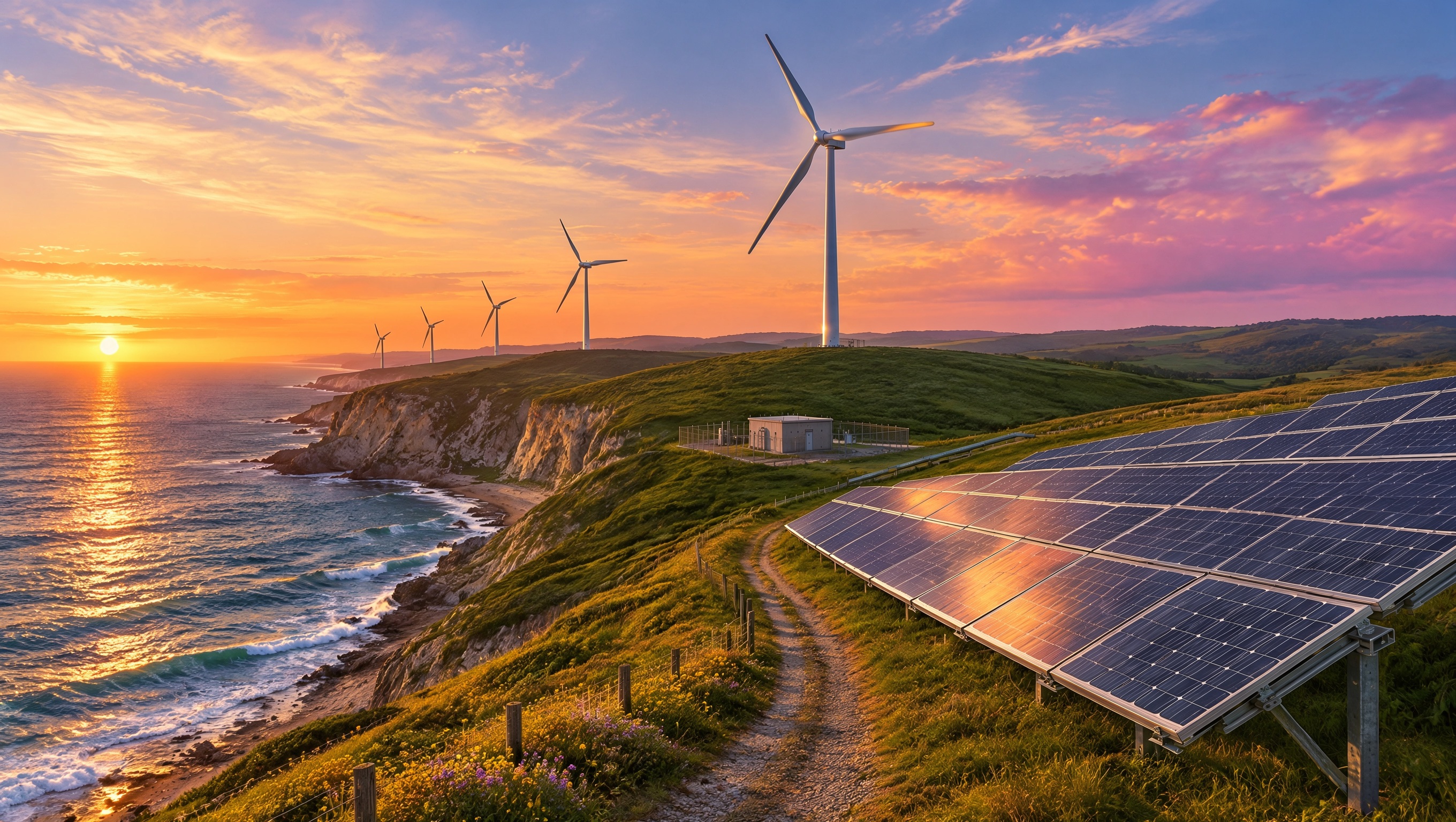A coastal renewable energy farm with wind turbines and solar panels beside rolling green hills, sparkling blue ocean, warm sunset light, realistic digital painting, no text or logos, landscape composition.