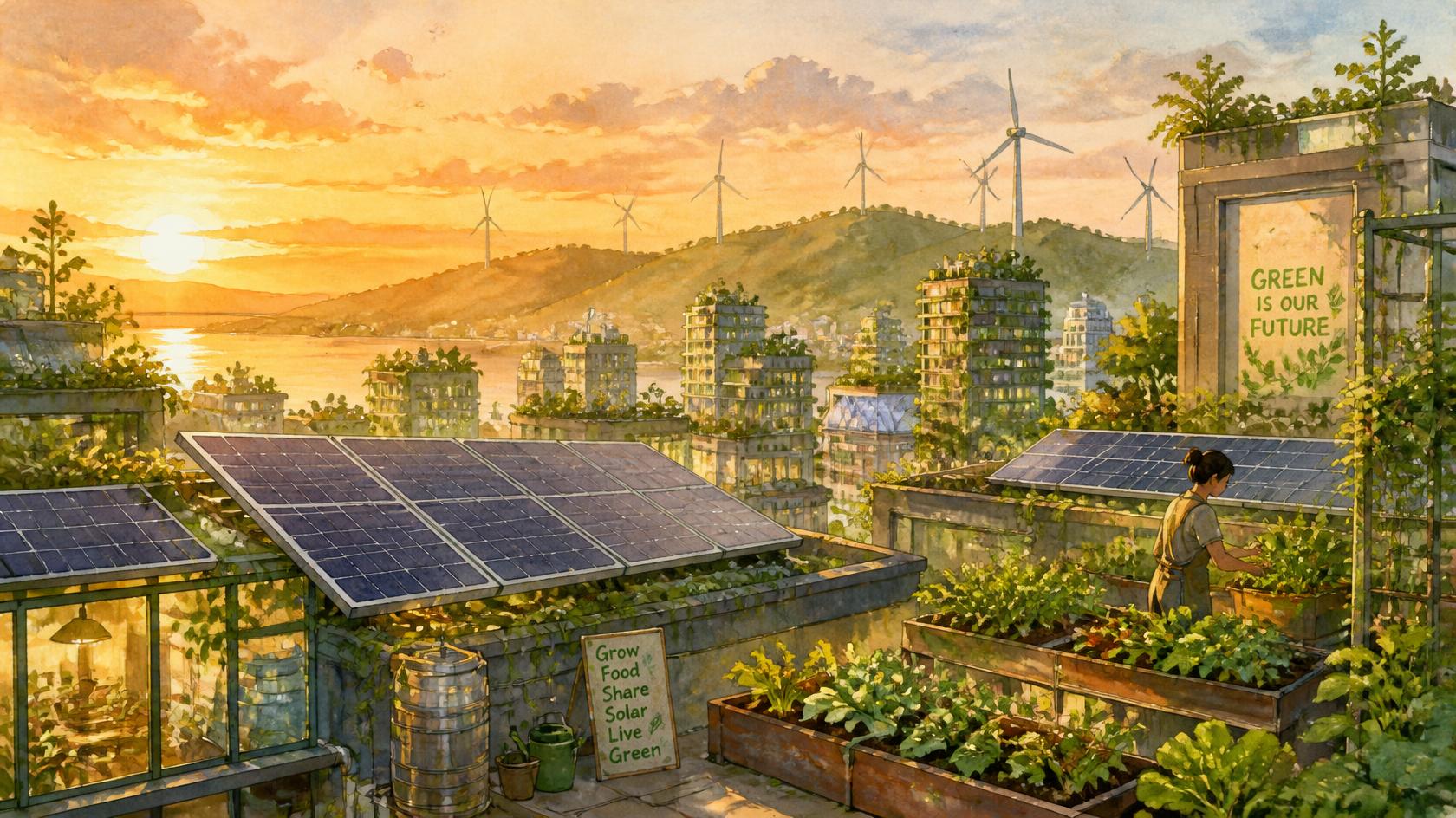 A futuristic green city rooftop covered with solar panels and small vegetable gardens at sunset, wind turbines on distant hills, soft watercolour style, warm golden light